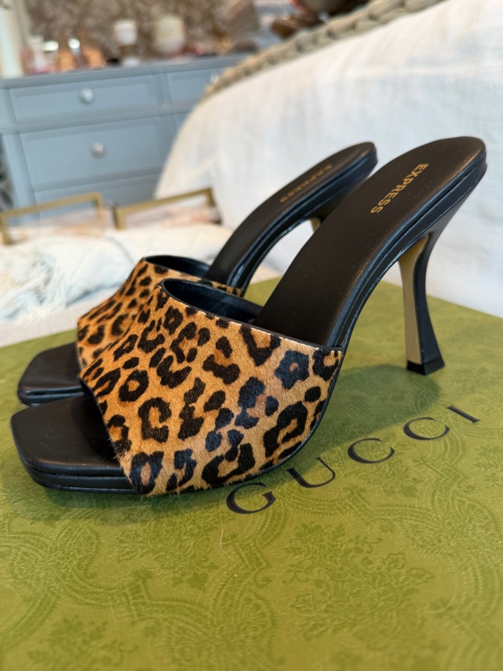 Express Leopard-Print Open-Toe Mule Heels in Black and Tan